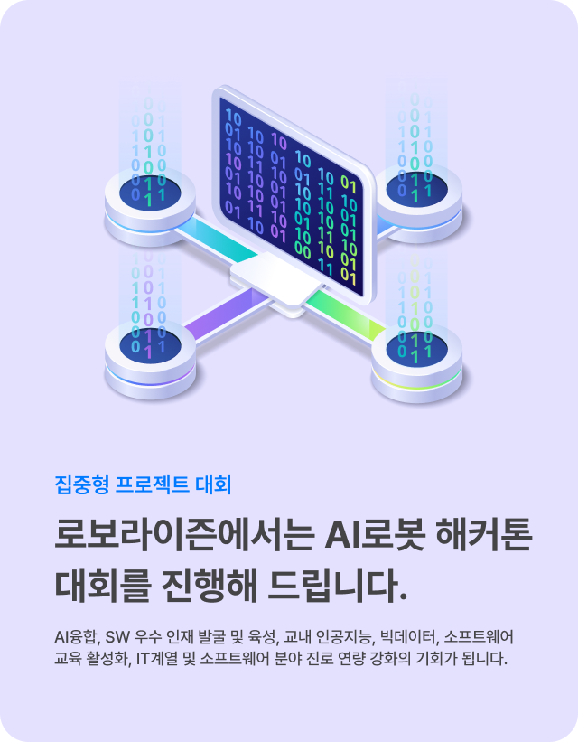 로보라이즌 AI로봇 해커톤 대회 안내 배너: '집중형 프로젝트 대회 - 로보라이즌에서는 AI로봇 해커톤 대회를 진행해 드립니다.'라는 메인 문구와 'AI융합, SW 우수 인재 발굴 및 육성, 교내 인공지능, 빅데이터, 소프트웨어 교육 활성화, IT계열 및 소프트웨어 분야 진로 역량 강화의 기회가 됩니다.'라는 상세 설명이 포함됨. 하단에는 '해커톤 캠프 안내' 버튼과 오른쪽에 데이터 시각화 아이콘 일러스트가 있음.